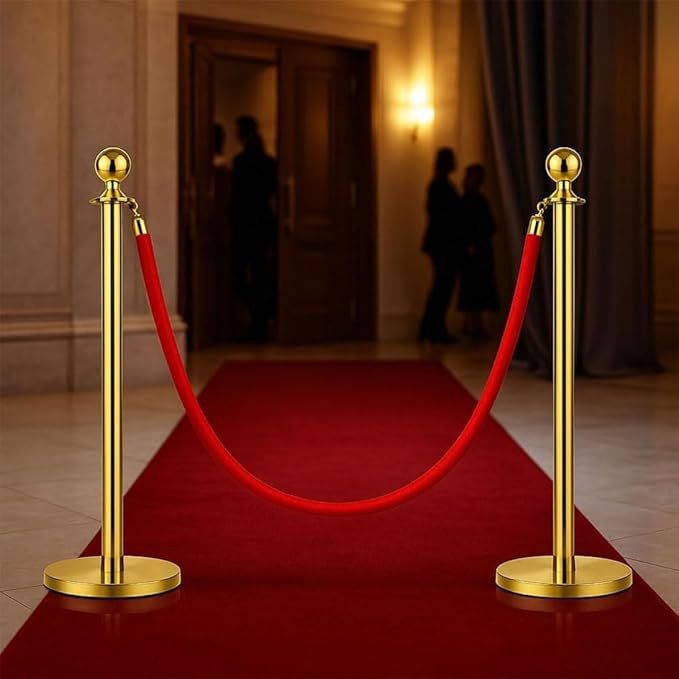 8PCS Stanchion Posts with 6 Red Velvet Ropes, Crowd Control Barriers with Weighted Base, Stainless Steel Queue Poles for Events, Parties, Museums, Red Carpet, Theaters, and Hotels
