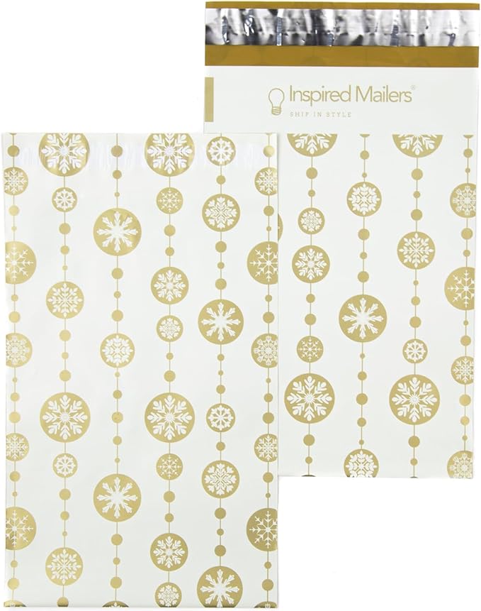 Inspired Mailers - Poly Mailers 6x9-100 Pack - Snowflake Baubles (Gold) - Winter Mailing Envelopes - Small Shipping Bags - Holiday Poly Mailers Bags
