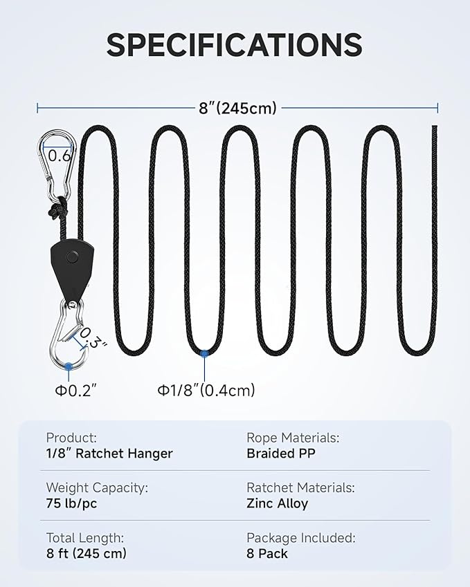 Fondwell 1/8" Adjustable Grow Light Hangers: 8 Pack of Tie Downs Rope - Small Ratchet Straps for Various Hanging and Strapping
