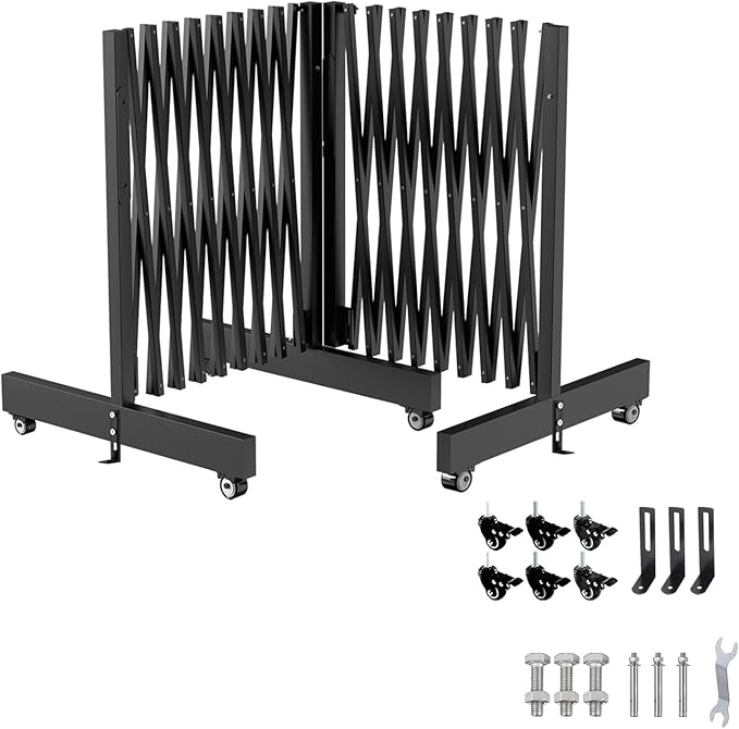 16 FT Industrial Metal Expandable Barricade，Retractable Traffic Fence with Casters, Folding Security Gate，Portable Barricade Gate for Construction Area, Traffic Control, Cordon(Black）