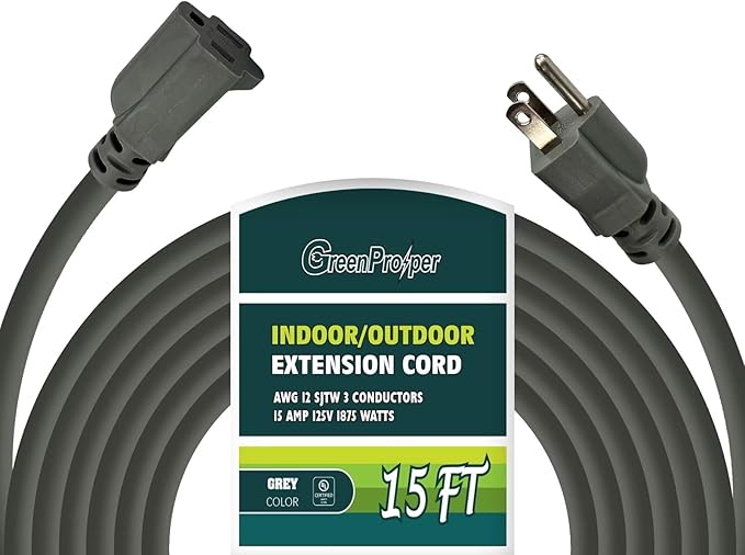 15 FT 12 Gauge Extension Cord Outdoor, Heavy Duty Weatherproof & Flame Retardant Black 3 Prong Power Cord, Outside for Garden & Lawn, 15 Amps 1875 Watts 125 VAC 12AWG SJTW, UL Listed