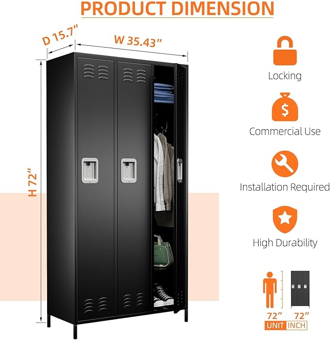 Metal Storage Locker with 3 Doors, Employee Lockers with 9 Hooks for Employees Home Office,Requires Assemble,Black