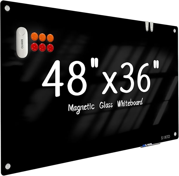 Glass WhiteBoard - Glass Dry Erase Board 48" x 36" Magnetic White Board Writing Board White Boards for Walls Wall Office Home, Black