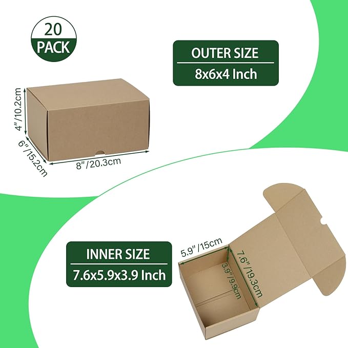 8x6x4 Inches Shipping Boxes Set of 20, Brown Corrugated Cardboard Box Literature Mailer for Packing Small Business