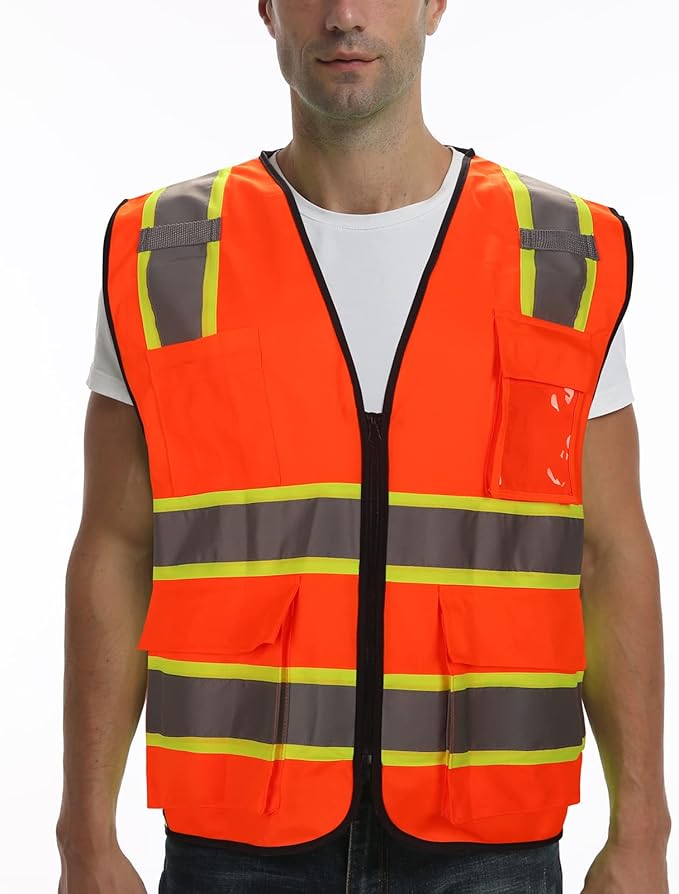 9 Pockets High visibility Class 2 Safety Vest，Hi Vis Vest with 2 inch wide Reflective Strips security vest with Zipper construction work vest for men &women Orange，Large