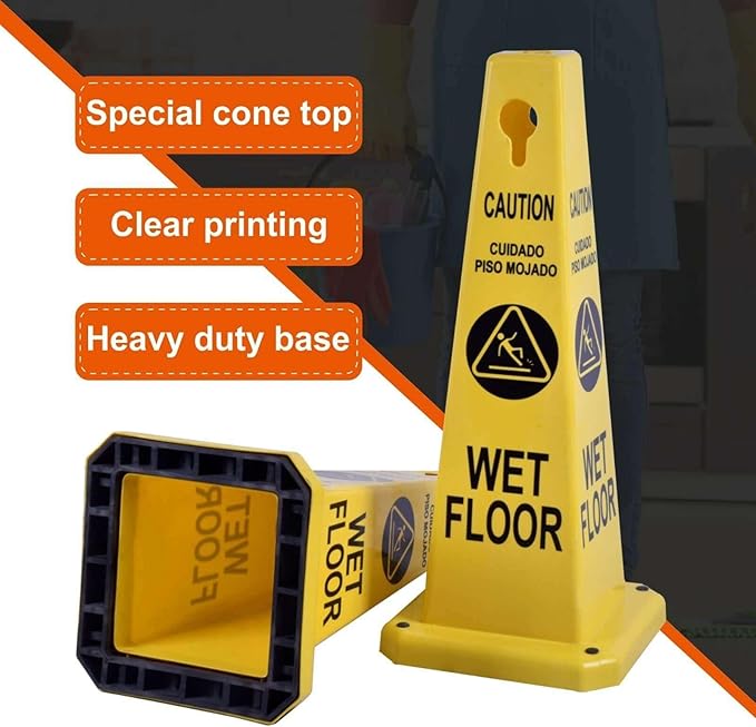Caution Wet Floor Sign, 26.4-Inch Safety Cone, 8 Pack Yellow Plastic, High-Visibility, Non-Fading, Slip-Resistant Base, Stackable, Indoor Outdoor Warning Sign