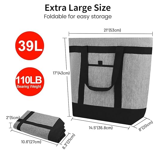 Insulated Cooler Bag, 1PK Insulate Tote Bag for Grocery Shopping, Cooler Bags Insulated for Travel/Picnic, Pizza/Food Delivery Bag to Keep Food Cold/Hot (Cationic Cloth, Non-Waterproof, Grey)