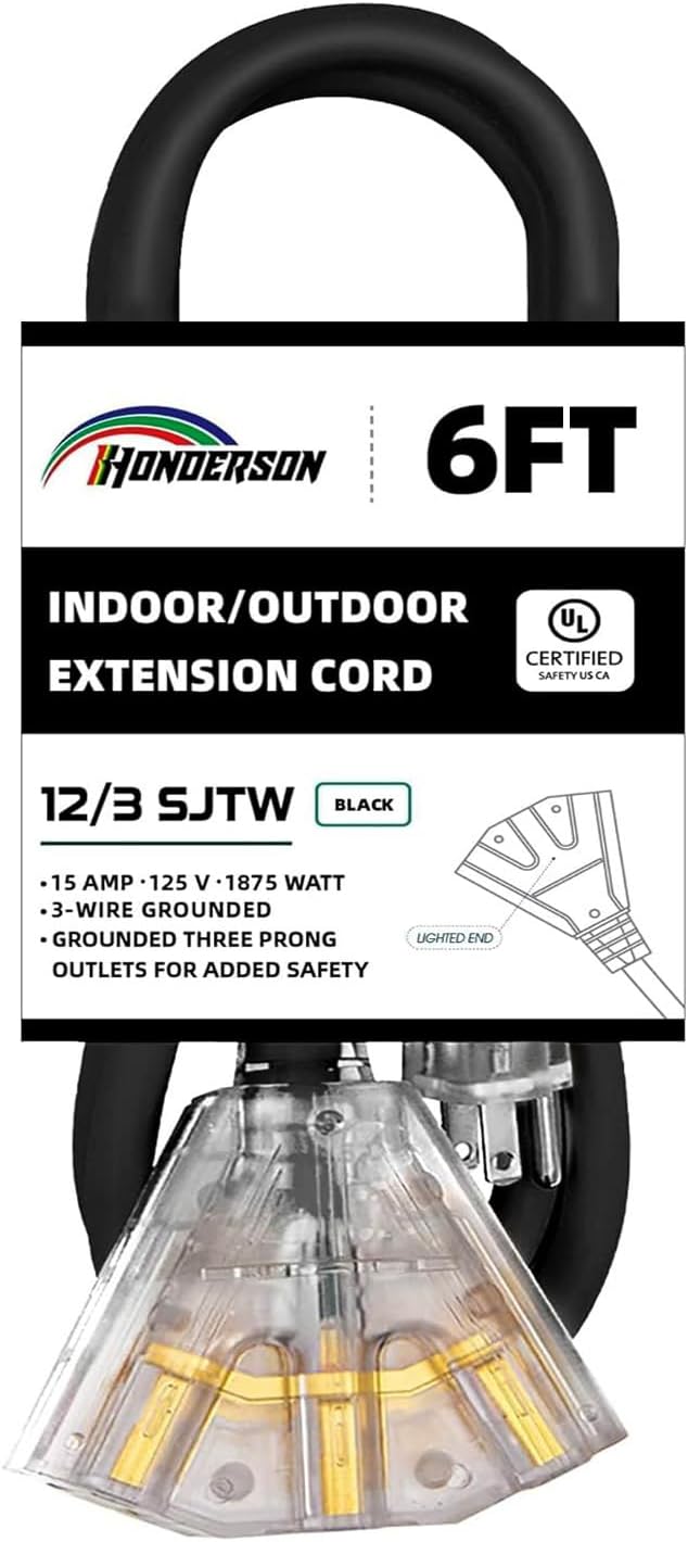 3-Outlets Indoor Outdoor Extension Cord Weatherproof with Lighted End, UL Listed, 12 Gauge 6FT Black 3 Prong Heavy Duty, 12/3 SJTW 15A Power Cord