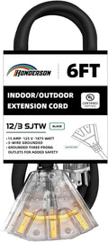 3-Outlets Indoor Outdoor Extension Cord Weatherproof with Lighted End, UL Listed, 12 Gauge 6FT Black 3 Prong Heavy Duty, 12/3 SJTW 15A Power Cord