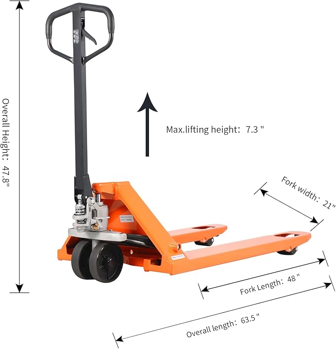 Tory Carrier Pallet Jack 5500 Lbs Capacity 48" Length x 21" Width Forks Standard Duty Pallet Trucks, Hand Truck, Manual Pallet Jack, Orange