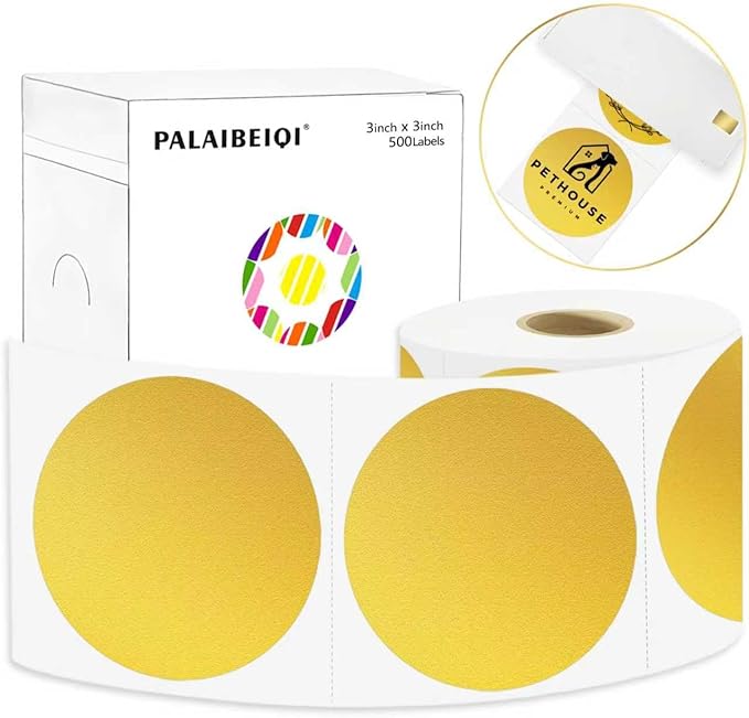 3 X 3 Inch Round Thermal Labels Circle Color Coding Labels Printable Waterproof 500PCS Round Stickers Adhesive Writable for Office, Home, Garage, DIY Sticker, Name Tag,Gold