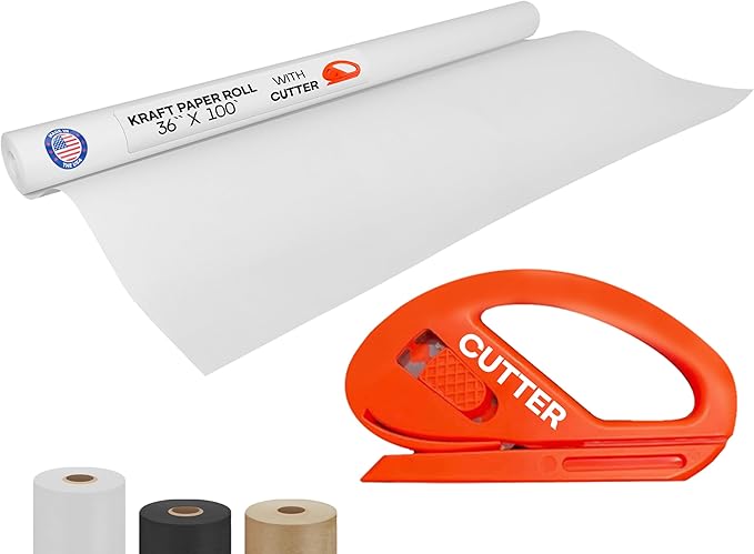 White Kraft Paper Roll 36" x 1200" (100 feet) with Cutter - USA-Made Quality Paper 50lb Thickness for Wrapping, Packing, Moving, Shipping, & Crafts/Arts - Natural Kraft Material by IDL Packaging