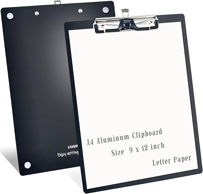 Aluminum Magnetic Clipboard A4 Metal Strong Fixed Magnet Message Clip Board Stainless Hangable w/Pen Holder Letter 9" x 12.6" for School Office Forklift Factory Workshops Supplies (Black)