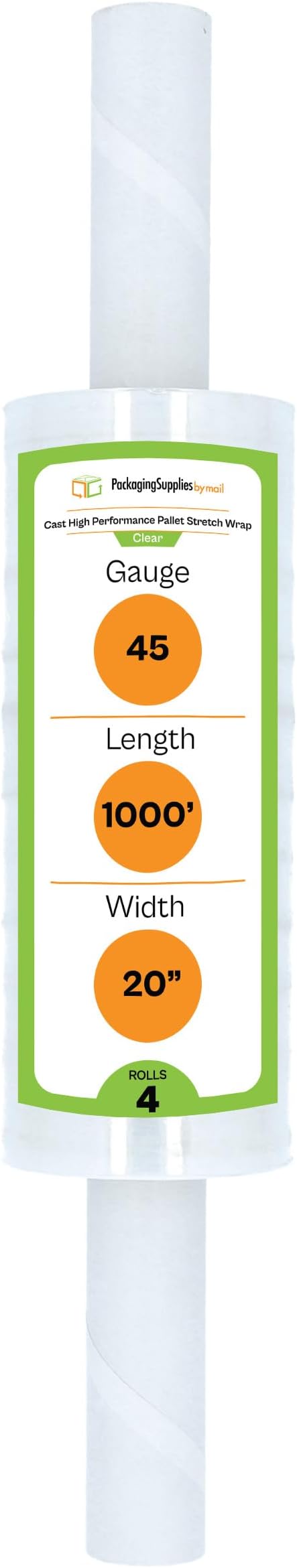 PSBM Stretch Wrap with Handles, 4 Pack, 20 Inch x 1000 Feet, 45 Gauge, Clear Plastic Cling with Extended Core Handles Built in
