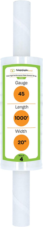 PSBM Stretch Wrap with Handles, 4 Pack, 20 Inch x 1000 Feet, 45 Gauge, Clear Plastic Cling with Extended Core Handles Built in