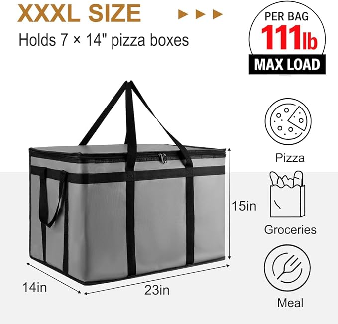 XXXL Insulated Food Delivery Bag - Reusable Thermal Cooler Grocery Bags for Catering & Delivery, Pizza Carrier for Events, Large Capacity Bag Keeps Food Hot/Cold for Shopping, Commercial (Gray, 1PK)
