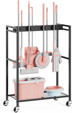 Broom and Mop Holder, Broom Storage Hanger, Cleaning Cart with Broom and Mop Hanger, Cleaning Cart with Wheels, Janitorial Cart for Household, Laundry Room Organization