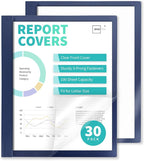 Binditek 30 Pack Clear Front Report Covers with 3 Prongs, 100-Sheet Capacity, Heavy-Duty Plastic Report Folder with Navy Back Covers, 3 Metal Prongs Fasteners, for Letter Size, Office Supplies