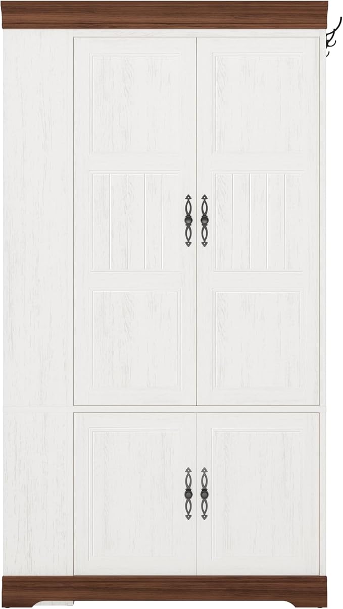 IRONCK Armoire Wardrobe Closet with Side Half Mirror, 70" Freestanding 4-Door Storage Cabinet for Bedroom, Features Side Hooks, Open Compartments, Hanging Rod & Shelves, White Armoire