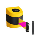 Crowd Control Warehouse - CCW Series WMB-230 Magnetic Wall Mount Retractable Belt Barrier - 30 Foot Belt, Magenta and Yellow Diagonal Belt with Yellow ABS Case