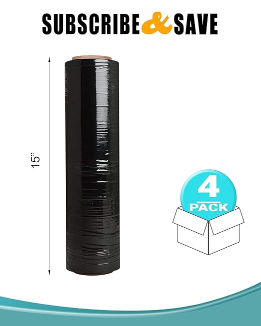 APQ 4 Rolls of Blown Hand Stretch Film 15" x 1500'. Black Hand Stretch Wrap, 80 Gauge. Tear Resistant Residue Free Film for Moving, Shipping, Wrapping. Industrial Grade Pallet Shrink Wrap Film.