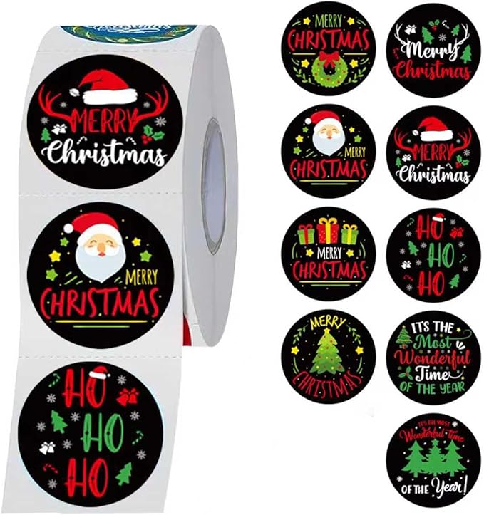 SHYGO® 1“ Christmas Labels Stickers, Round Merry Christmas Seals Xmas Decorative Stickers with Elk and Bells Elements for Envelope Gift Bag Box, 1000 Pcs 2 Rolls