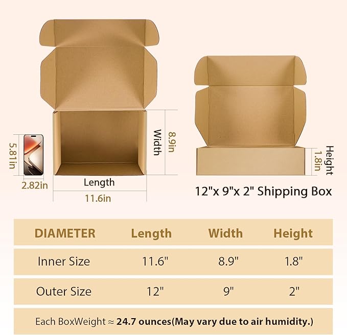 12x9x2 inches Shipping Boxes Set of 25, Small Corrugated Cardboard Box, Literature Mailer, Gift Boxes (Brown, 12x9x2)