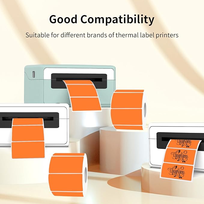 2x1 Inch Thermal Labels, Orange Thermal Printer Stickers, Waterproof Self-Adhesive Shipping Label Printer Sticker for Barcode, Name, Address, 300 Labels/Roll