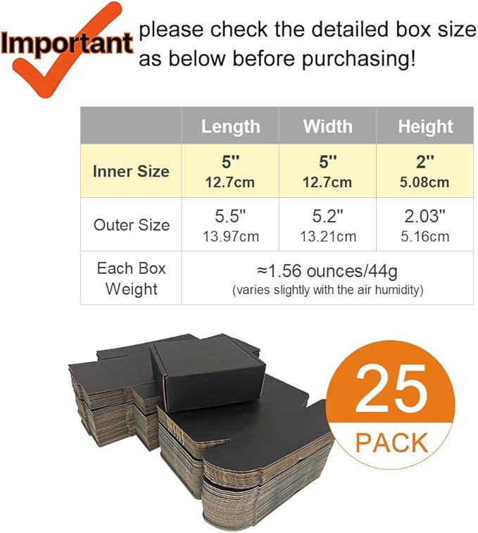 5x5x2'' Small Shipping Boxes 25 Pack, Black Corrugated Cardboard Mailers for Small Business, (CM552B25)