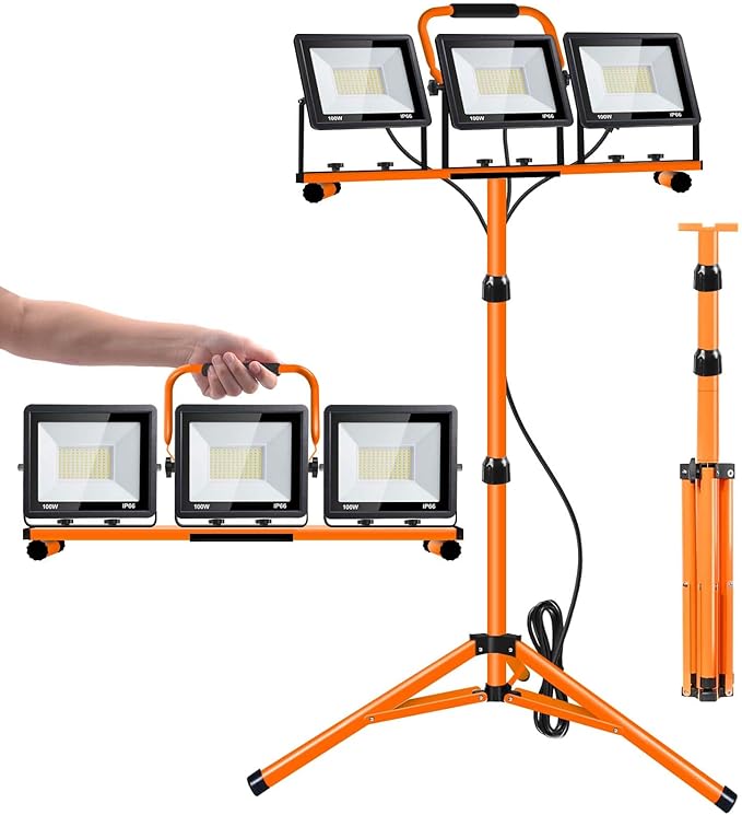 21000 Lumen Work Lights with Stand, 3 Adjustable Head LED Work Light, with Adjustable and Foldable Tripod Stand, Waterproof Lamp with Individual Switch with 6500 Kelvin Color (3-Head-Orange)