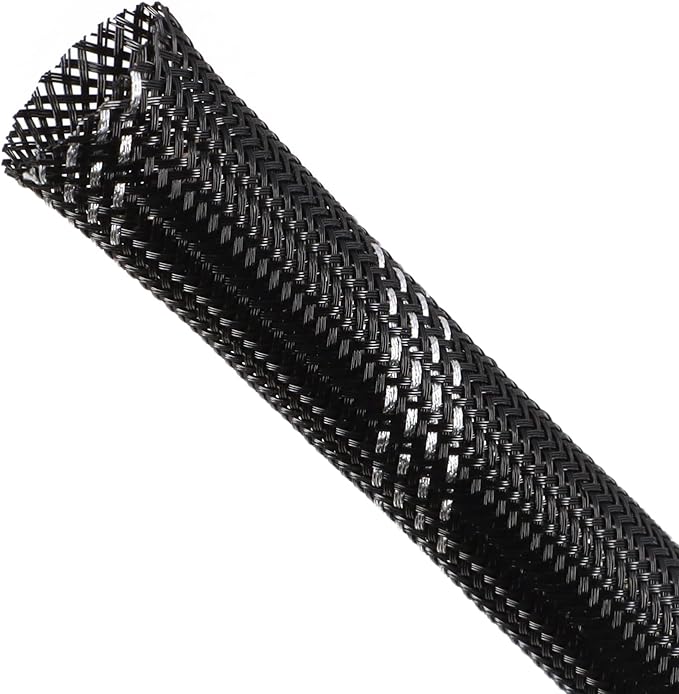 Braided Cable Sleeving, PET Expandable Braided Cable Sleeve, Flexible Mesh Sleeving Cord Management for Audio Video and Other Home Device, Cord Protector from Pets (Black Silver, 1/8" x 25ft)