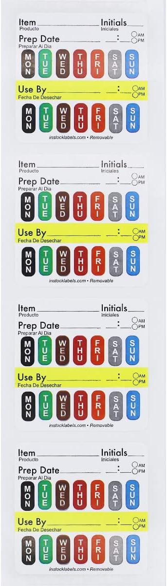 Removable Universal Labels for Food Rotation Use by Food Preparation Days of The Week Prep Date Stickers 2 x 2 Inch 500 Adhesive Removable Stickers