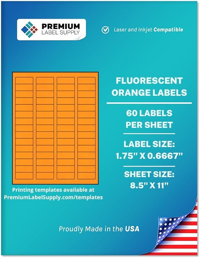 Premium Label Supply Bright Neon Color Fluorescent Sticker Labels - 1.75" x 0.6667" Return Address Labels - (Fluorescent Orange, 60,000 Labels)