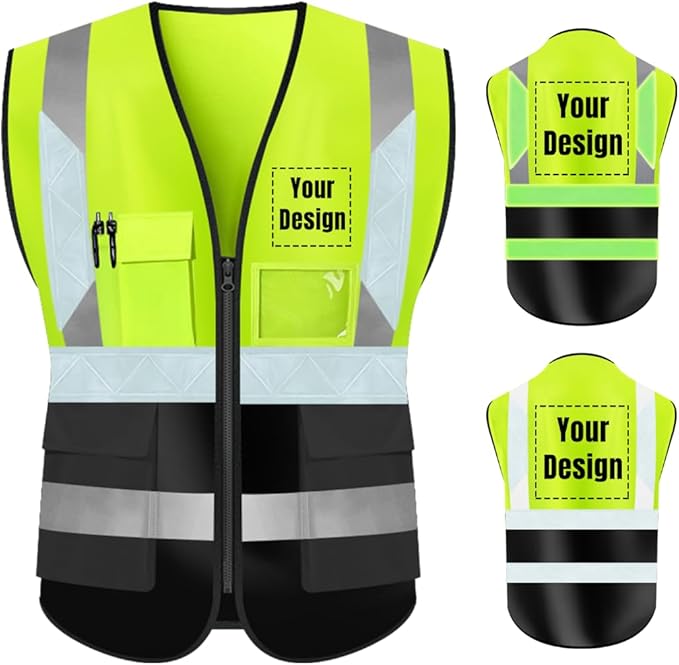 YOWESHOP High Visibility Safety Vest Custom Your Logo Protective Workwear 5 Pockets With Reflective Strips Outdoor Work Vest (S, Yellow Black Luminous)