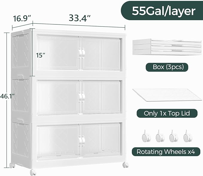 165Gal Stackable Storage Bins with Lid and Wheels, 660QT Plastic Collapsible Storage Boxes with Doors, Closet Organizer and Storage Cabinet for Home Kitchen Office Dorm Room, 3Pack White