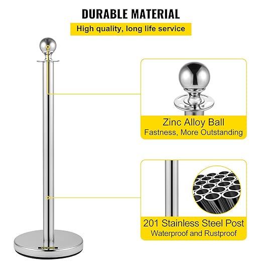 VEVOR Stanchion Post with Velvet Ropes, 6-Pack Crowd Control Stanchion with 3PCS 5FT Red Velvet Ropes, Stainless Steel Queue Barrier Line Divider with Ball Top for Events, Museums, Parties