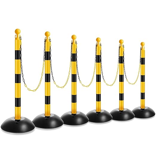 Amylove Plastic Stanchion Post Set, Traffic Warning Line Stanchion Crowd Control Safety Barriers Driveway Barrier with 5 Chains and 10 S Hooks for Outdoor Indoor Parking(Yellow Black,6 Pcs)