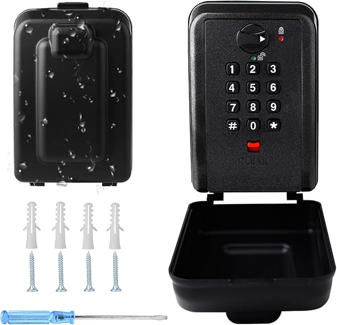 Key Lock Box, 12-Digit Code, Weatherproof Wall Mount, Large Capacity 5-8 Keys, Aluminum Alloy (Black, 3.58 * 2.24 * 5.28IN)