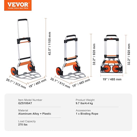 VEVOR Folding Hand Truck and Dolly, 275 Lbs Capacity, Aluminum Foldable Cart, Heavy-Duty Luggage Trolley Cart with Telescoping Handle and PP+TPR Wheels for Home, Office, Shopping, Travel