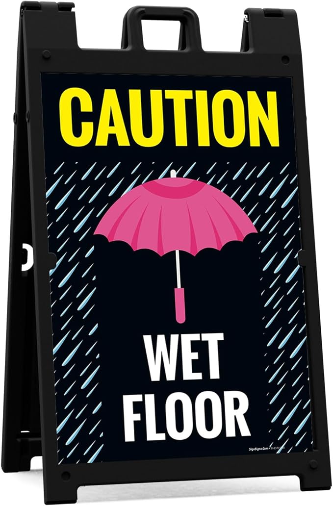 Caution Wet Floor Umbrella Sidewalk Sign Kit, 24x36 Inches, with A Frame Stand, Made in USA