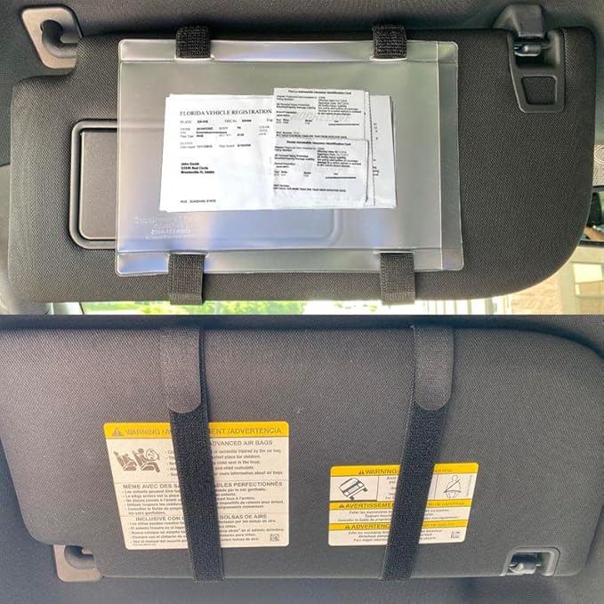 Car Accessories - Registration and Insurance Card Holder Visor Elastic Hook & Loop Straps, Side Opening Auto Document Holder, Made in USA (2 Black Straps + Vinyl Holder)