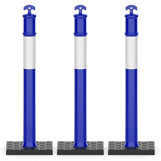RoadHero 45 Inch Delineator Post with Rubber Base, Heavy Duty Blue Traffic Delineator Posts Cones with Reflective Collars for Parking Lots, Road Safety, Construction Events 3 Pack
