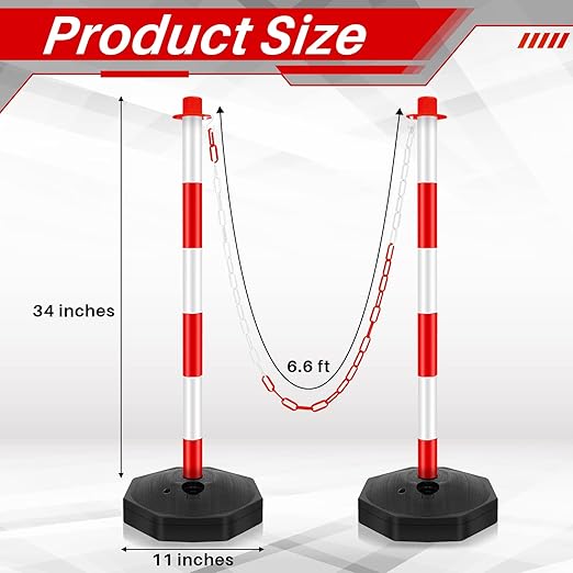Konohan 12 Sets 34 Inch Parking Cone Delineators Post Traffic Cone Plastic Stanchion Set Stands Parking Barrier with Base 6.6 ft Chain S Hooks Reflective Collar (Red,White)