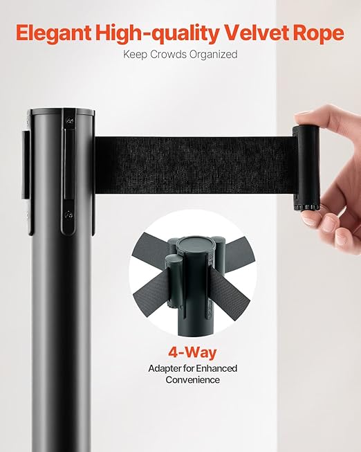 VEVOR Stanchion Post, 4 Pcs Stanchions with Retractable Belts, Carbon Steel Black Stanchions Queue with Sand Injection Hollow Base, Crowd Control Barriers for Theaters, Parties, Weddings, Exhibitions