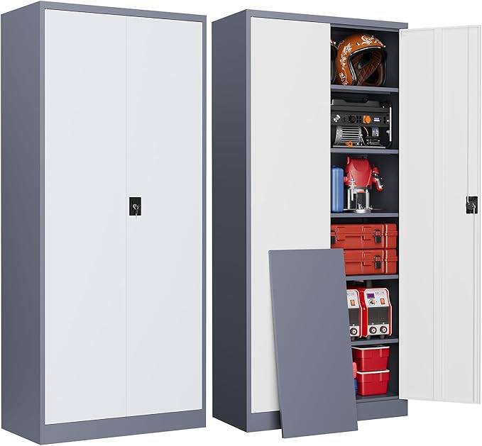 Metal Garage Storage Cabinets with Lock, 72" Tall Tool Cabinet with 2 Door and 5 Adjustable Shelves, Locking Garage Cabinets and Lockable Steel Locker for Home Office Warehouse-(Gray White-72”H)