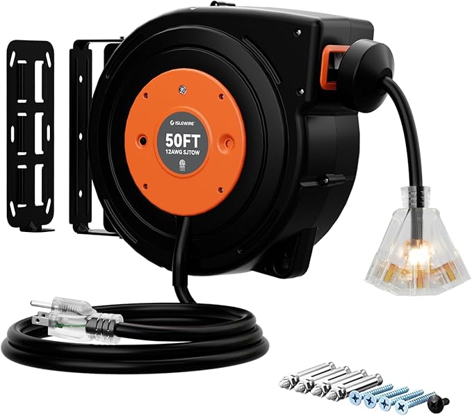50 FT Retractable Extension Cord Reel, Heavy Duty 12AWG/3C SJTOW Power Cord, Lighted Triple Tap, 15A Circuit Breaker, Wall/Ceiling Mount Electric Cord Reel for Garage & Workshop, ETL Listed, Orange