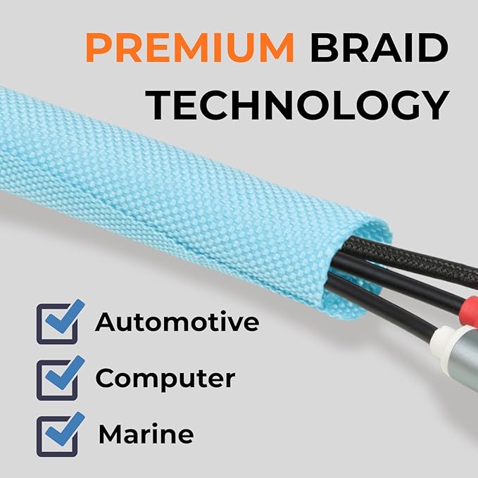 1/2 inch Split Braided Cable Management Sleeve for USB Cable Power Cord Audio Video Cable, Wire Loom Cord Protector from Cat Dog Chewing (Sky Blue, 25FT)
