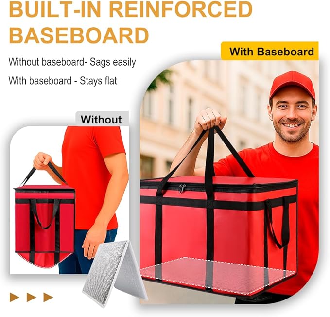 2PK Insulated Food Delivery Bag with Baseboard — Reusable Thermal Cooler Grocery Bags for Catering & Delivery, Pizza Carrier for Events, Large Capacity Bag Keeps Food Hot/Cold for Travel, Commercial