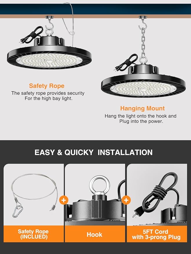 8 Pack 150W UFO LED High Bay Lights, 5000K Daylight, Super Bright 22500 LM, AC100-277V, High Bay Led Shop Lights with US Plug 5ft Cable for Garage Plug & Play Lighting for Warehouse