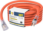 EP 50 Ft Lighted Outdoor Extension Cord - 10/3 SJTW Heavy Duty Orange Extension Cable with 3 Prong Grounded Plug for Safety, UL Listed